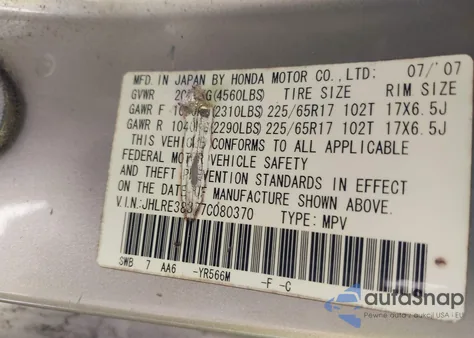 2007 Honda Cr-V Lx from USA, damaged, VIN JHLRE38377C080370